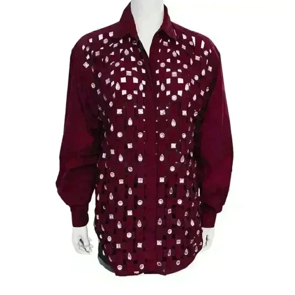 Yak Magik Vintage Rhinestone Basket Weave Button Down Shirt Deep Plum Size L